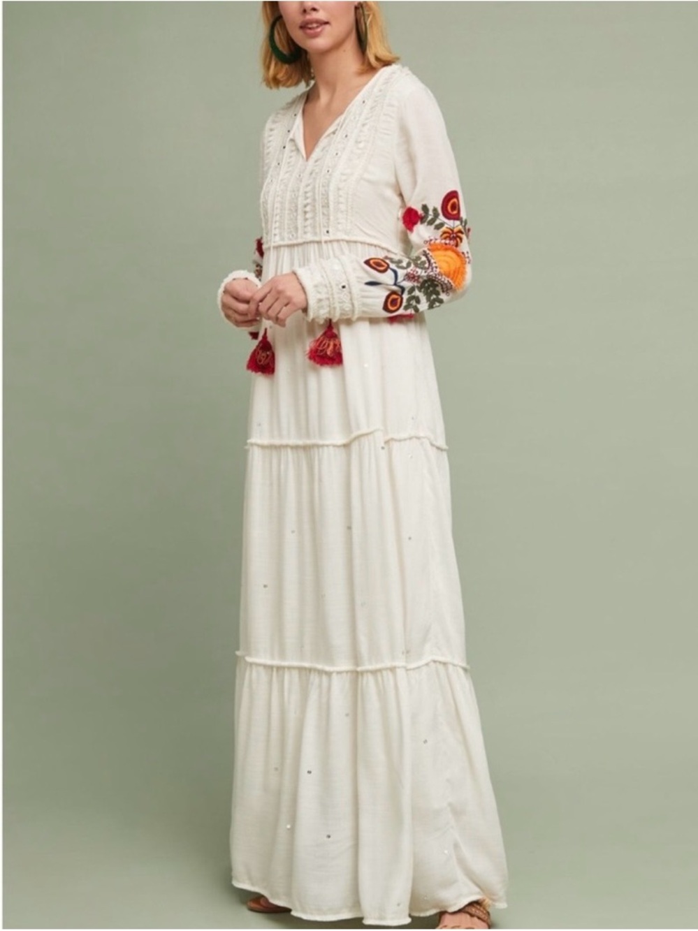 Anthropologie Cream Maxi Dress with Multicolor Embroidered Sleeves
